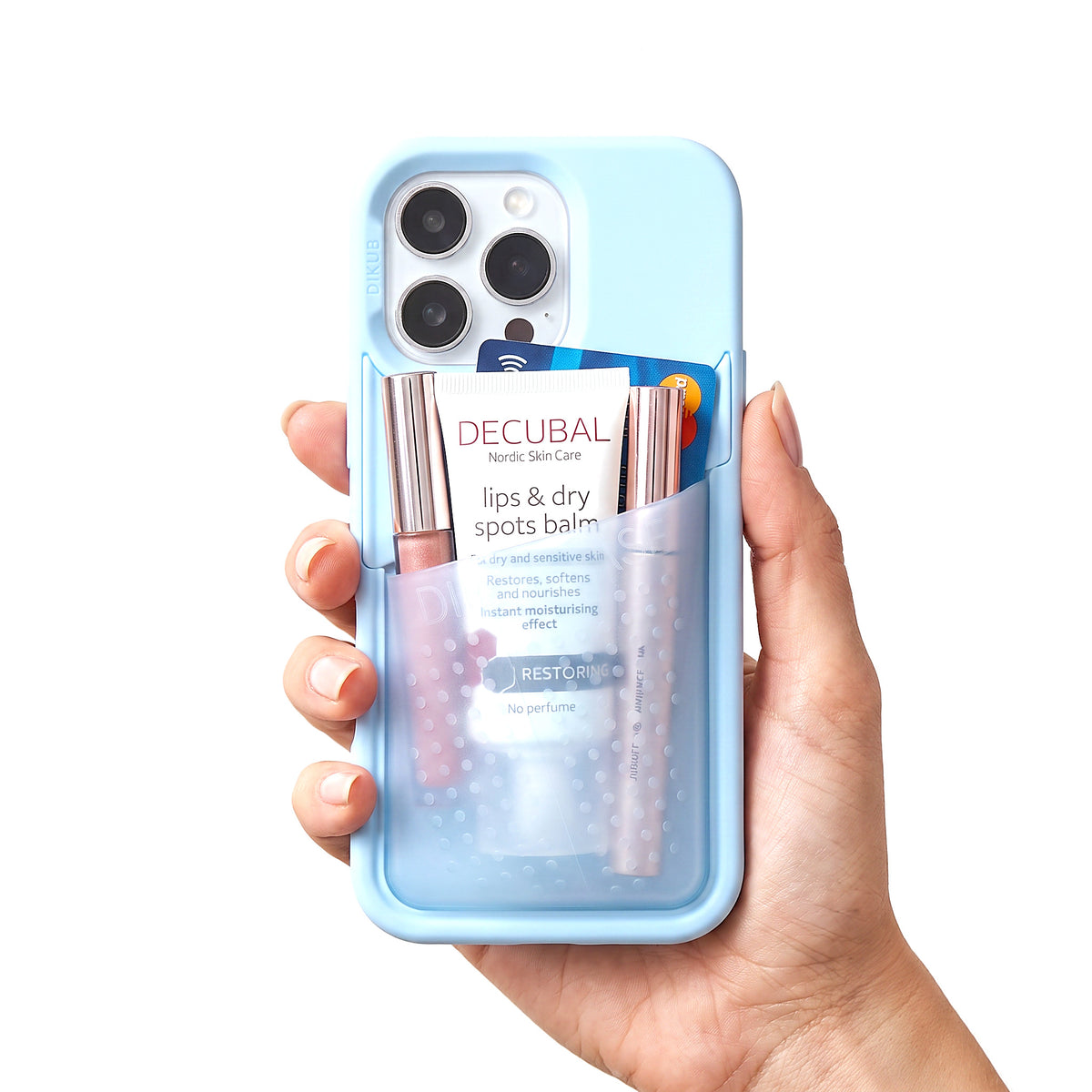 Poche pocket case in pastel blue held in one hand
