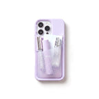 Poche pocket case in lilac, seen from above with the stretch pocket full