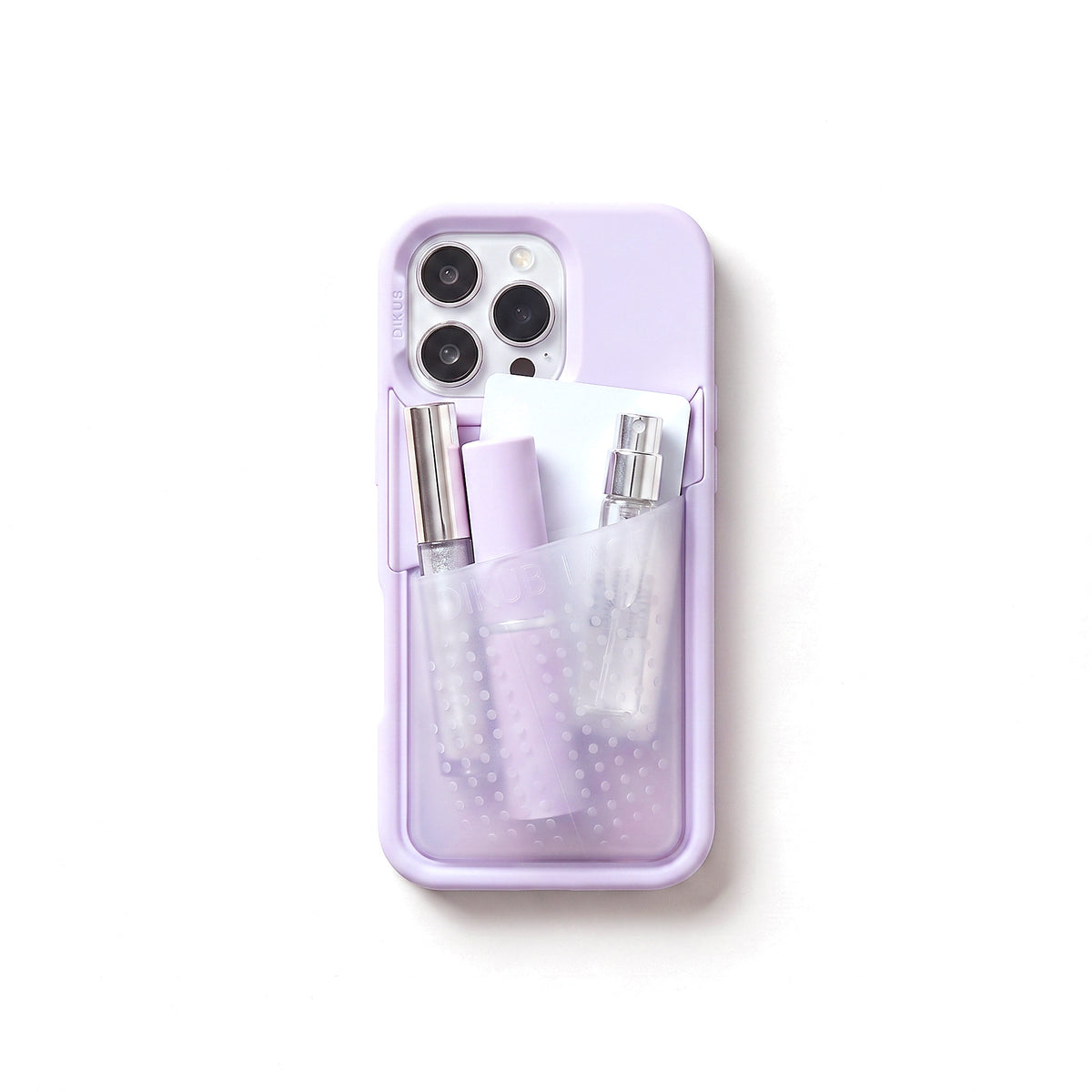 Poche pocket case in lilac, seen from above with the stretch pocket full