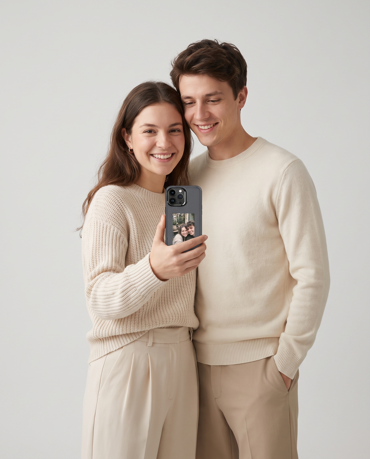 Couple holding the Poche Duo case showing their photo on the e-ink screen