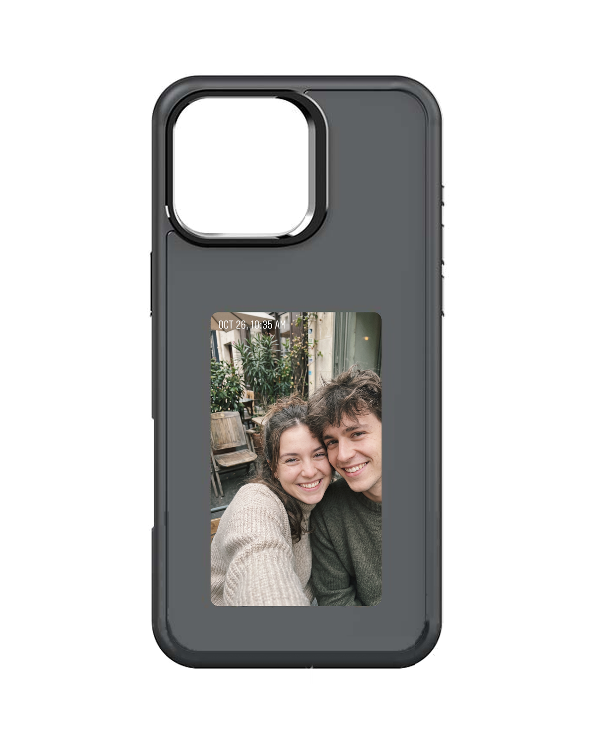 Poche Duo in black, front view with a couple photo on the e-ink screen