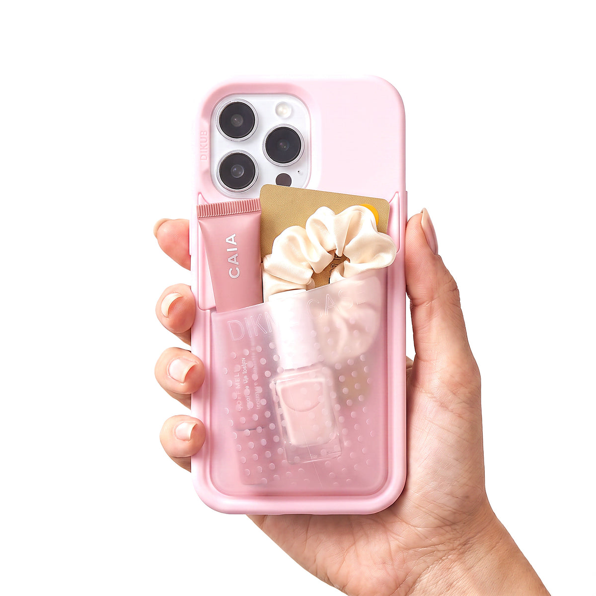 Poche pocket case in pink held in one hand