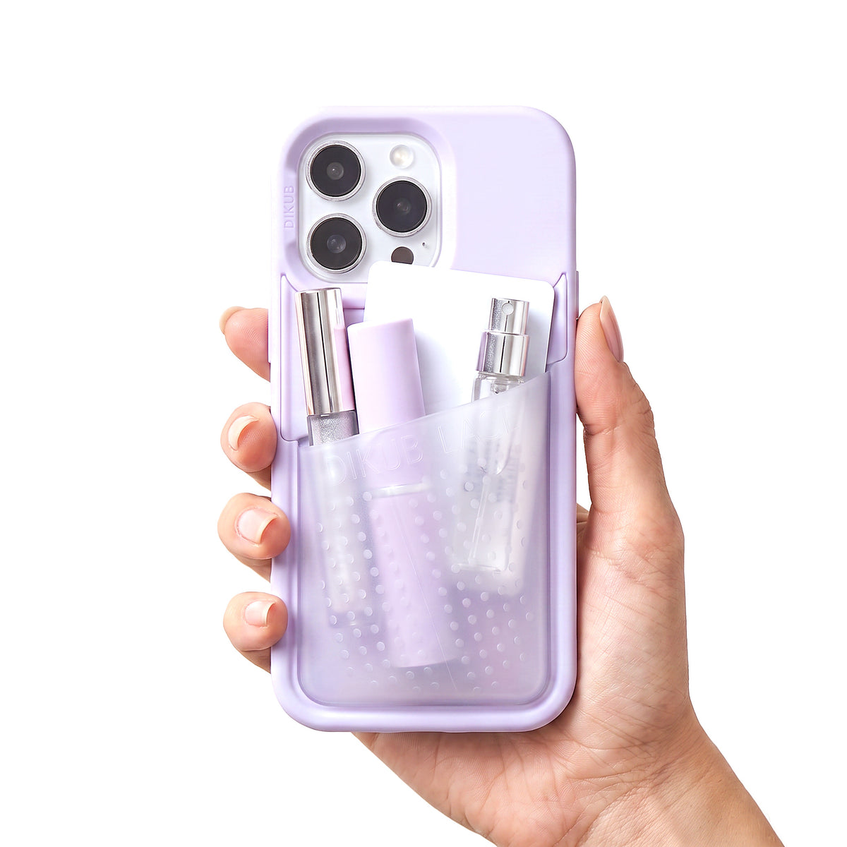 Poche pocket case in lilac held in one hand